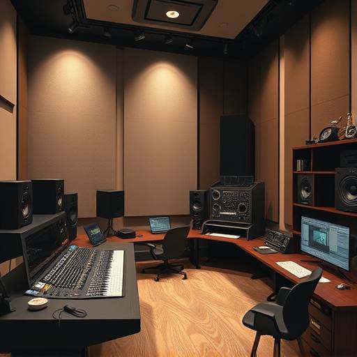 Billede af Lydklar Studios' kontrolrum med mixere og computere