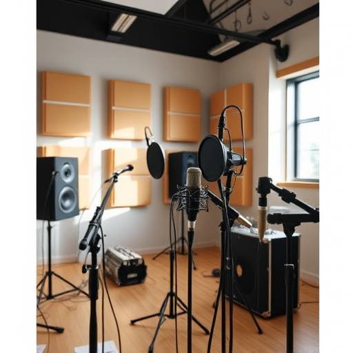 Billede af Lydklar Studios' optagelsesrum med mikrofoner og akustikpaneler