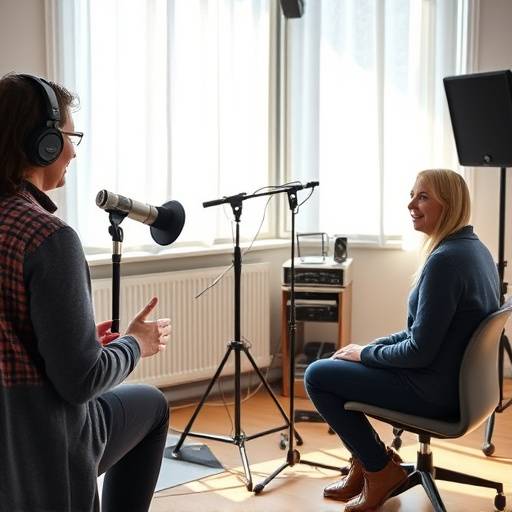 Billede af to personer der optager en podcast i Lydklar Studios.