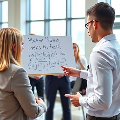 En person der præsenterer en marketing strategi på et møde.