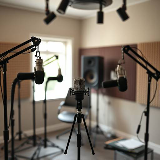 Et veludstyret podcast studie med flere mikrofoner og lydisolering.